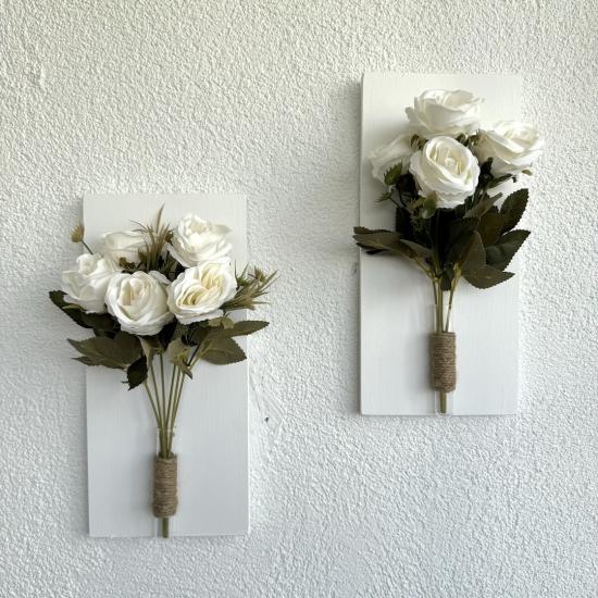 Beyaz Gül Çiçekli Duvar Dekoru Beyaz İkili Set