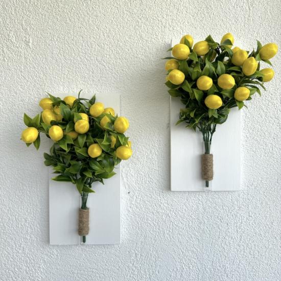 Limon Çiçekli Duvar Dekoru Beyaz İkili Set