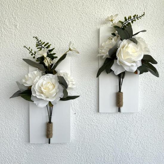Beyaz Gül Çiçekli Duvar Dekoru Beyaz İkili Set