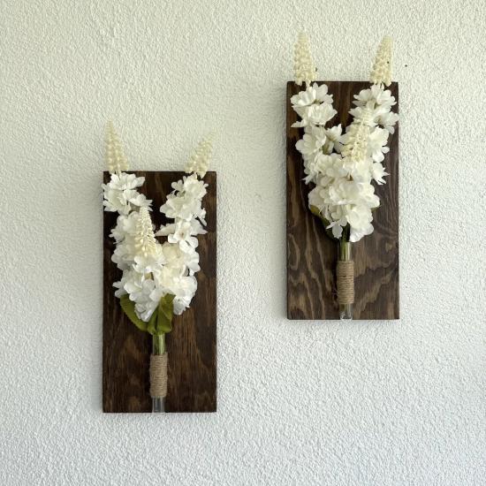 Beyaz Şebboy Çiçekli Duvar Dekoru Ceviz İkili Set