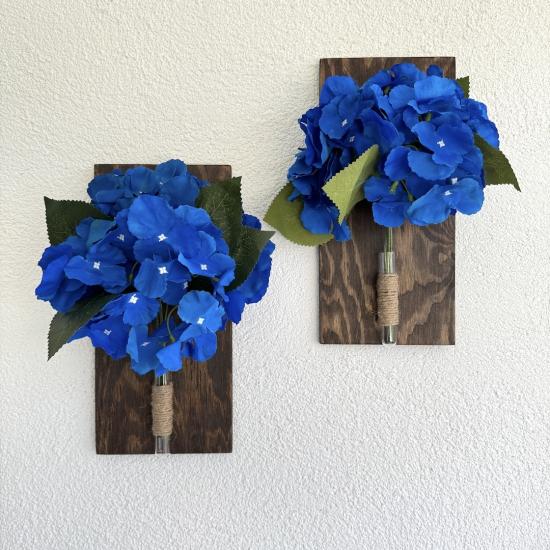 Mavi Ortanca Çiçekli Duvar Dekoru Ceviz İkili Set