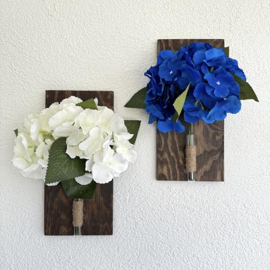 Mavi ve Beyaz Ortanca Çiçekli Duvar Dekoru Ceviz İkili Set