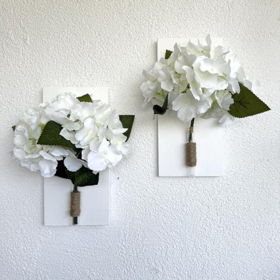 Beyaz Ortanca Çiçekli Duvar Dekoru Beyaz İkili Set