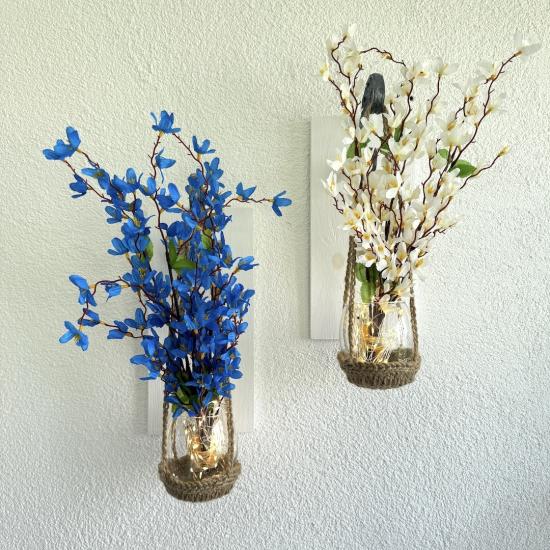 Duvar Dekoru, Led Işıklı, Mavi ve Beyaz Çiçekli