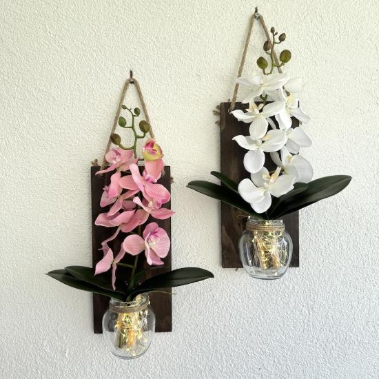Pembe ve Beyaz Orkide Çiçekli Duvar Dekoru Ceviz