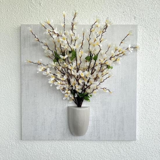Kabartma Dokulu, Beyaz Sakura Çiçekli 3D Tablo